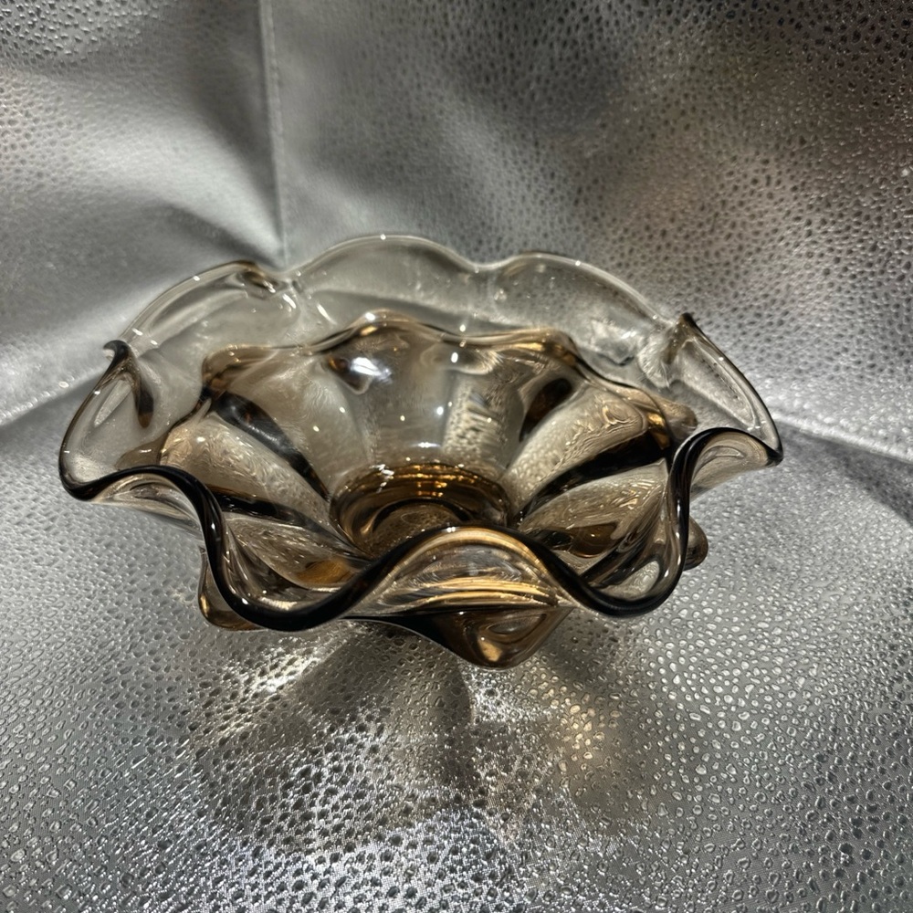 Vintage Viking Glass Amber/Smoke Wavy Double Layer Bowl Candy Dish - Picture 4 of 9